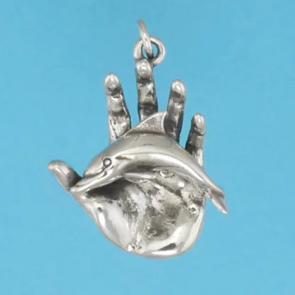 Microsculptures 1225 Hand Holding Dolphin Silver Pendant