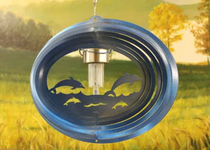 Dakota Steel Art 39352 12" Solar Light Dolphin" Wind Spinner - Blue Starlight